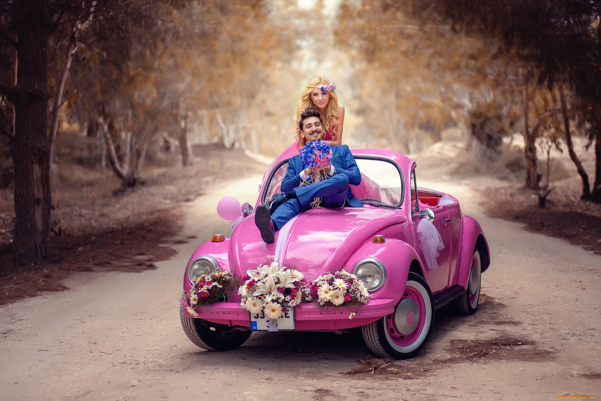 разное, мужчина, женщина, аллея, автомобиль, жених, невеста, цветы, свадьба, деревья, пара, гламур