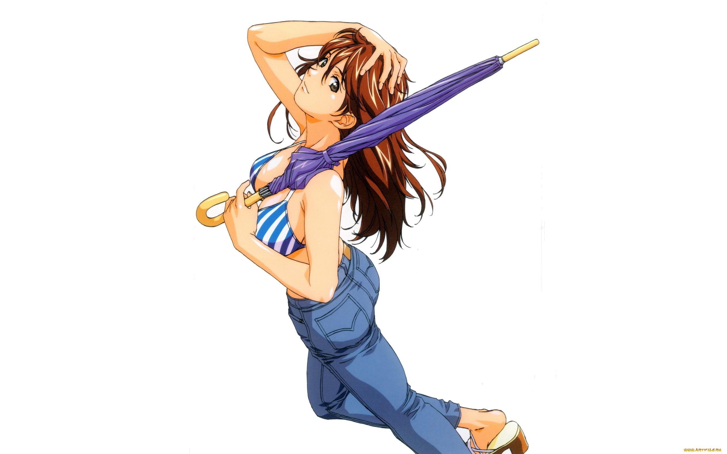 аниме, unknown, , другое, девушка, зонт, джинсы