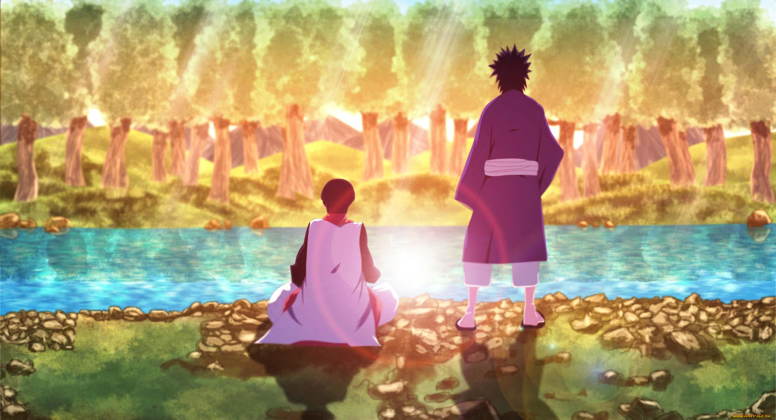 аниме, naruto, хаширама, мадара, друзья, река, камни, деревья