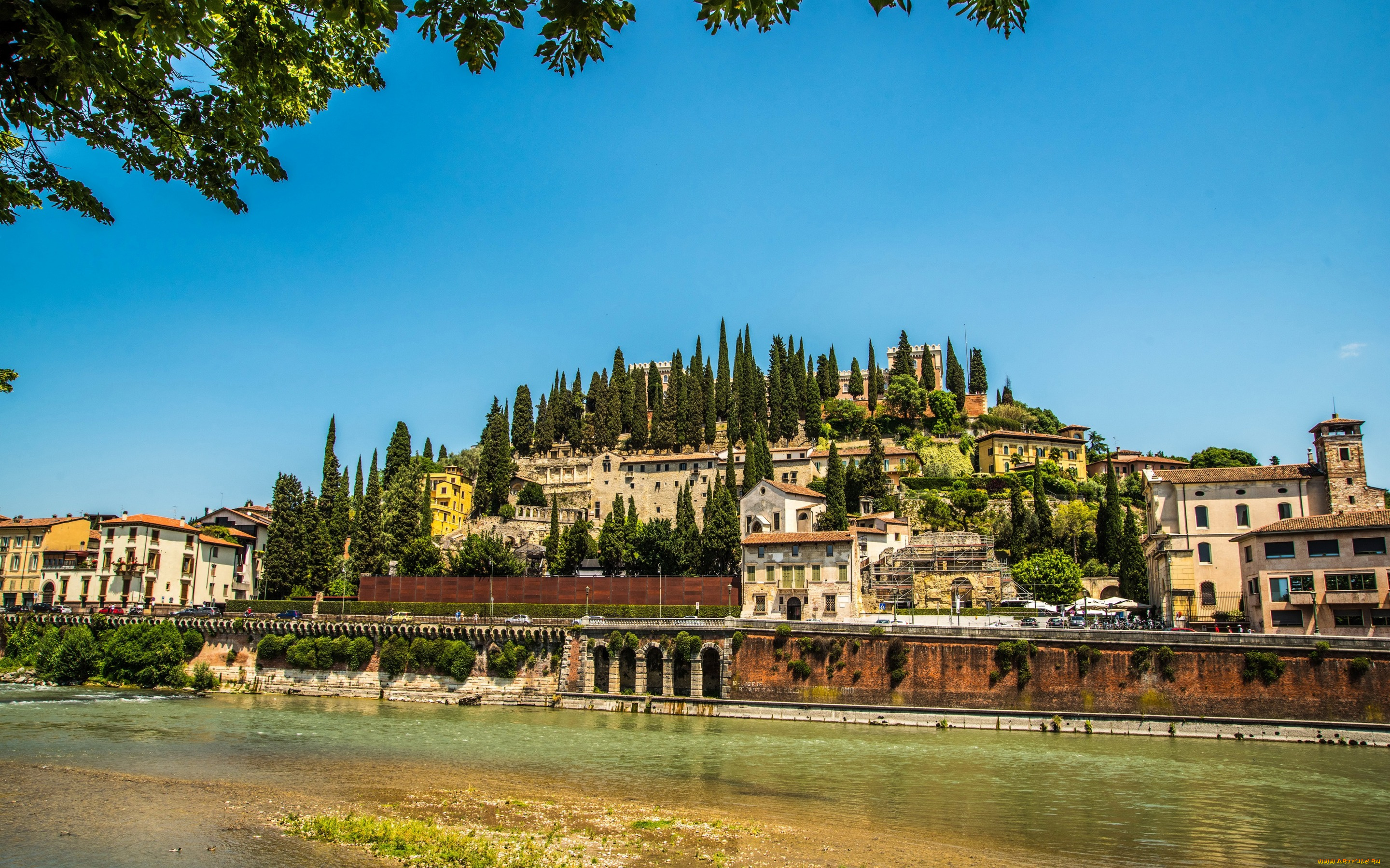 города, -, панорамы, верона, италия, дома, деревья, солнце, небо, ветки, река