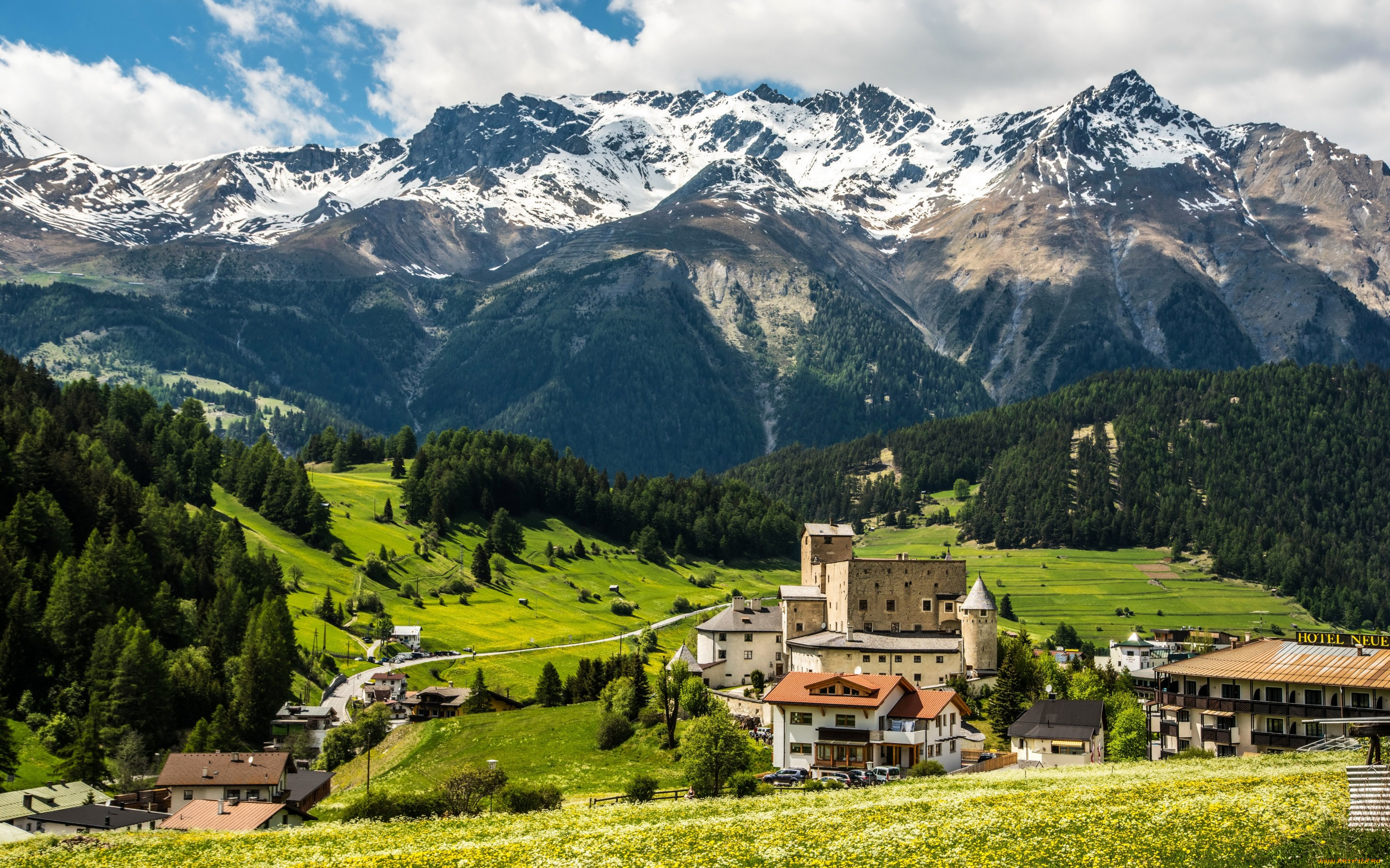города, -, пейзажи, цветы, дома, деревья, трава, леса, nauders, луга, поля, горы, австрия, зелень, облака, лето, солнце