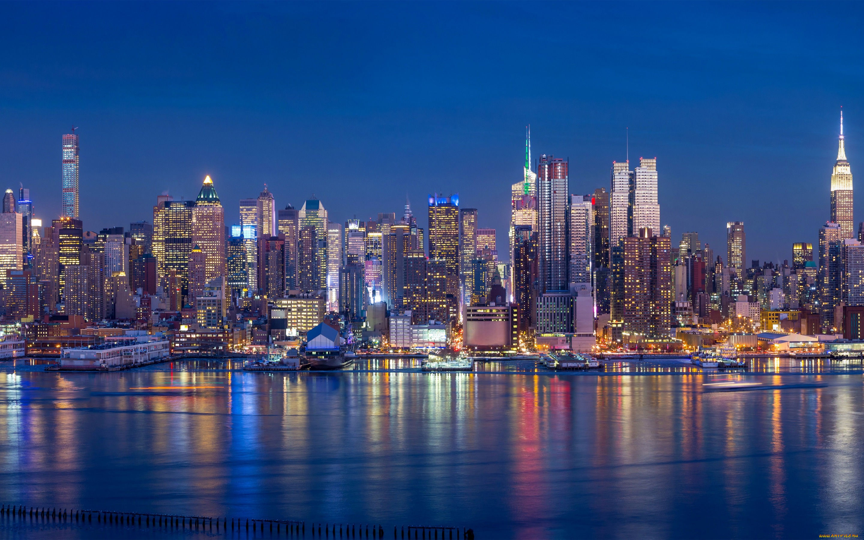 города, нью-йорк, , сша, здания, побережье, огни, ночь, небоскребы, причалы, панорама, залив, нью-йорк