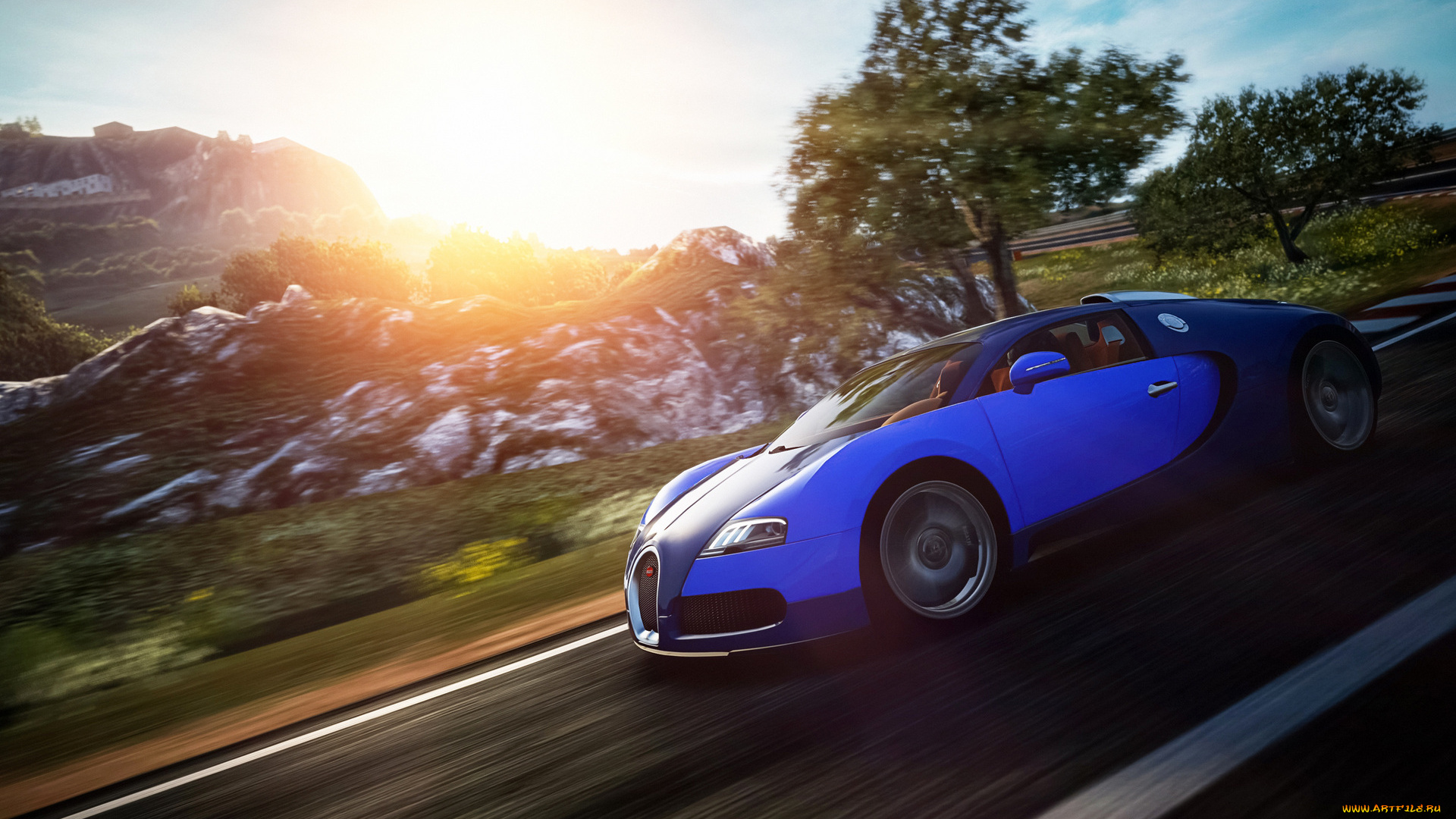 автомобили, bugatti, трасса, шоссе, дорога, камни, деревья, горы, синий, скорость, бугатти, veyron