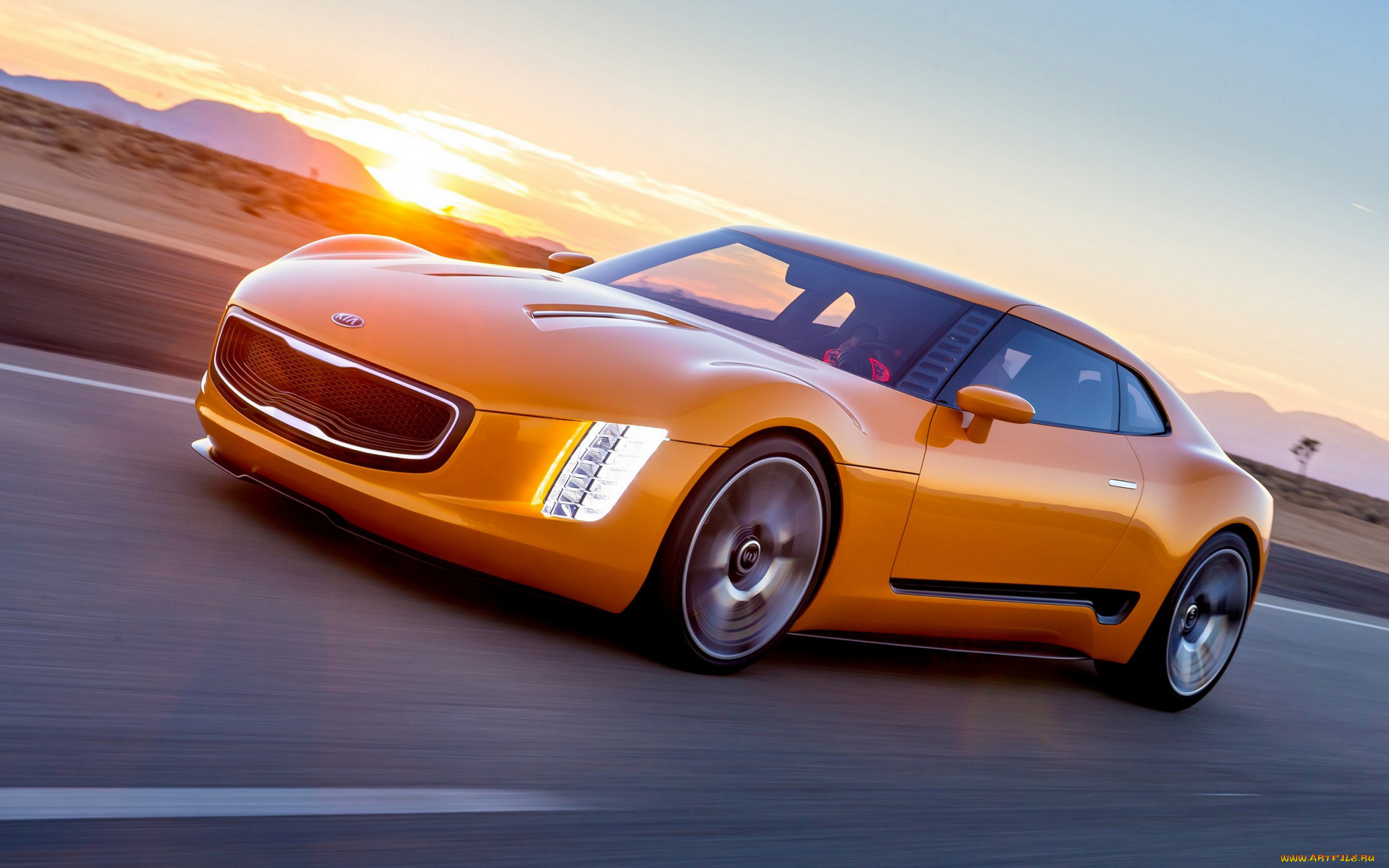 kia, gt4, stinger, concept, автомобили, kia, киа, оранжевый, скорость, дорога, трасса, шоссе, закат