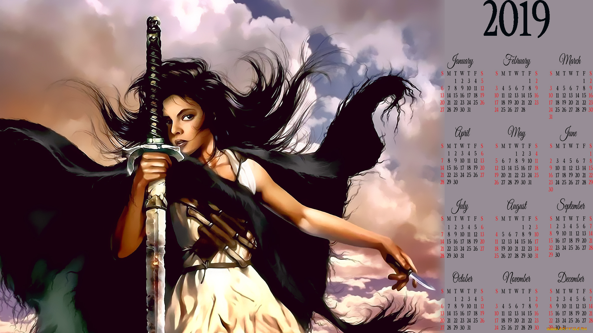 календари, фэнтези, 2019, calendar, облако, оружие, накидка, женщина, девушка