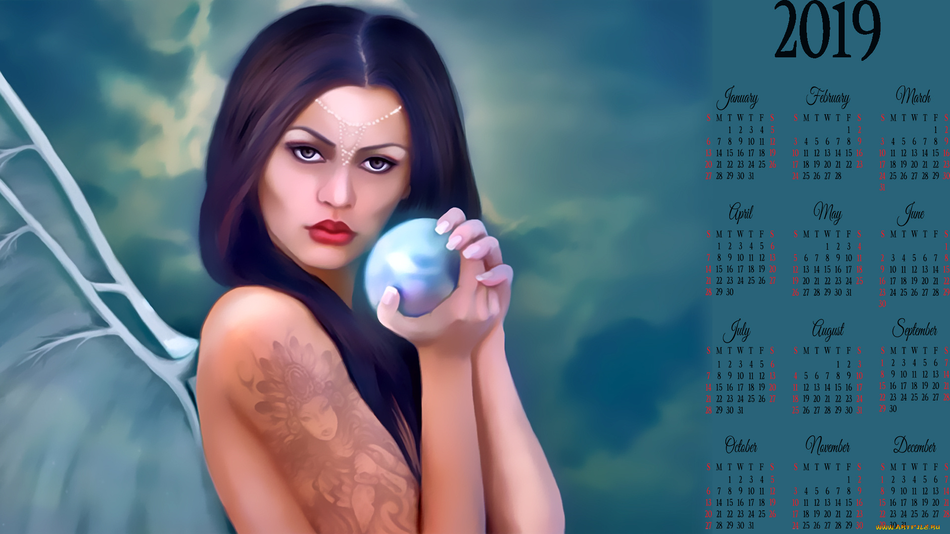 календари, фэнтези, тату, шар, крылья, девушка, 2019, calendar, женщина, узор, рисунок