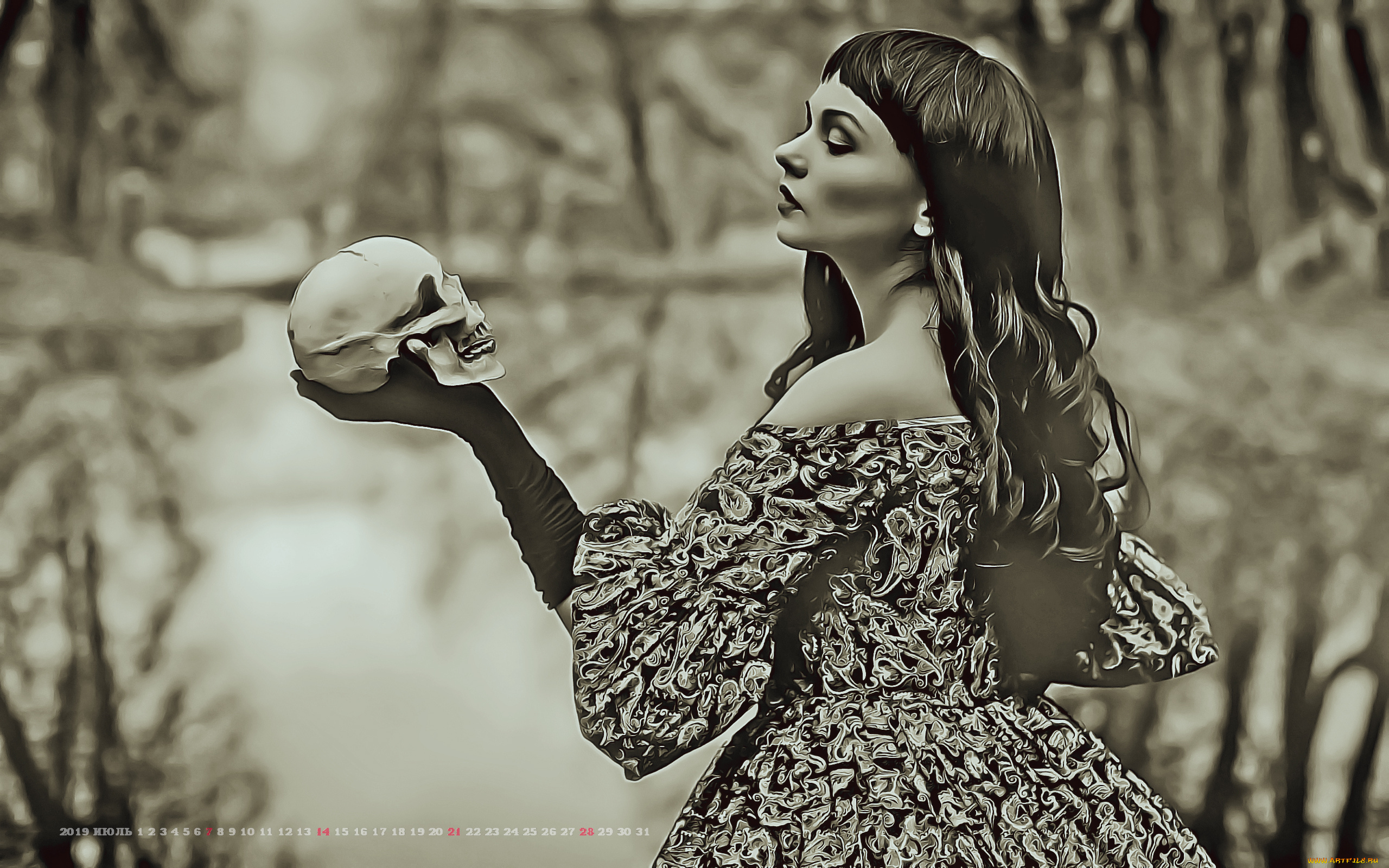 календари, компьютерный, дизайн, череп, девушка, женщина, calendar, 2019