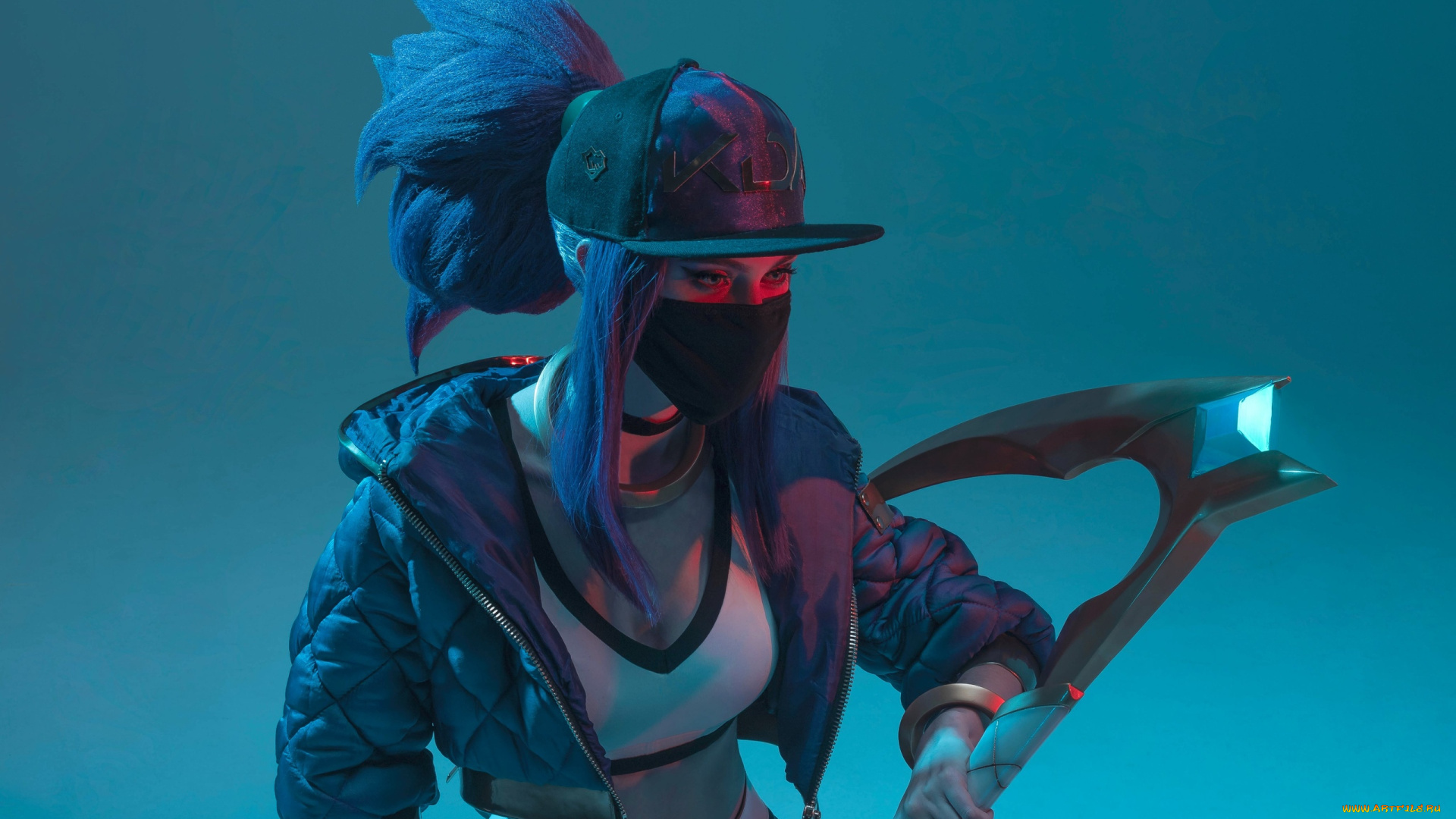 девушки, -, креатив, , косплей, kda, костюм, свет, кепка, оружие