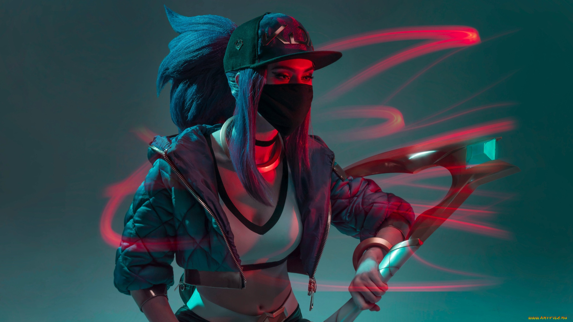 девушки, -, креатив, , косплей, kda, костюм, свет, кепка, куртка, оружие