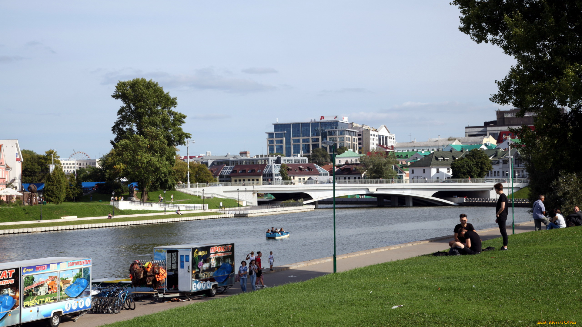 города, минск, , беларусь, река, мост, набережная