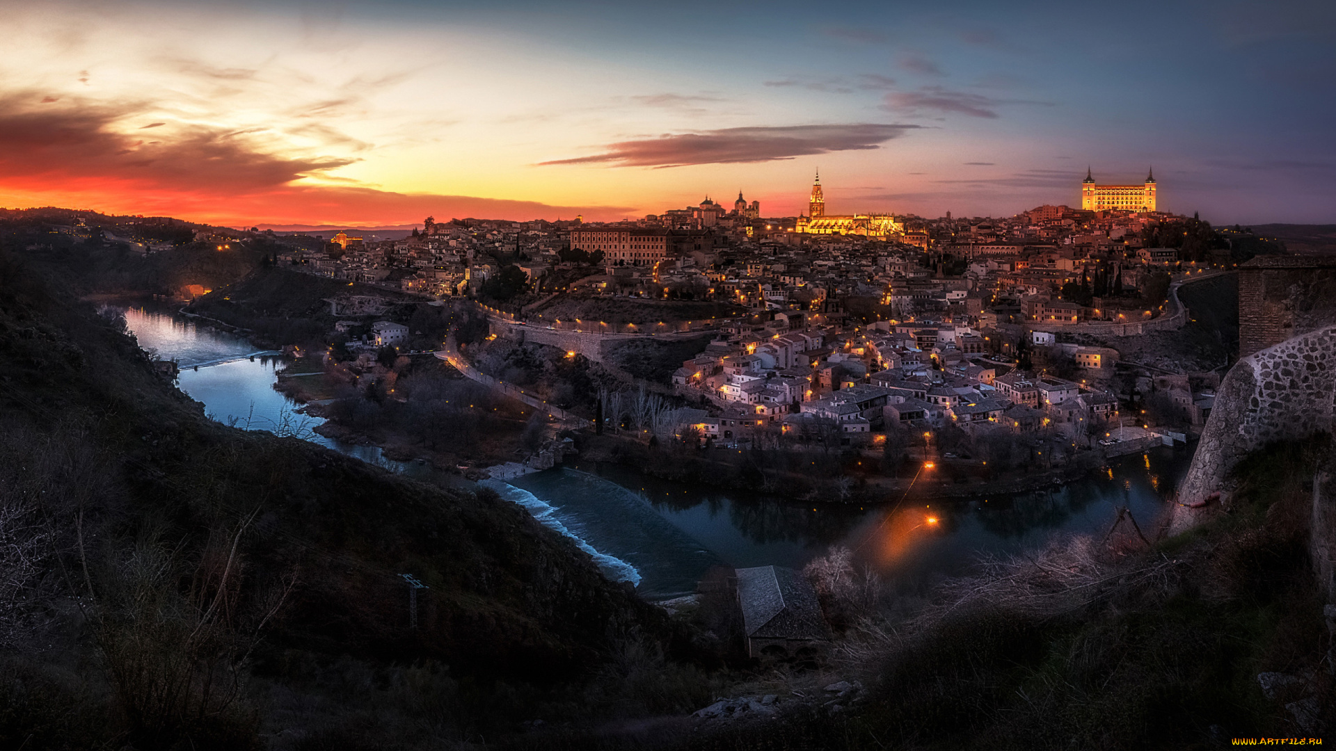 города, толедо, , испания, город, панорама, огни, холмы, река