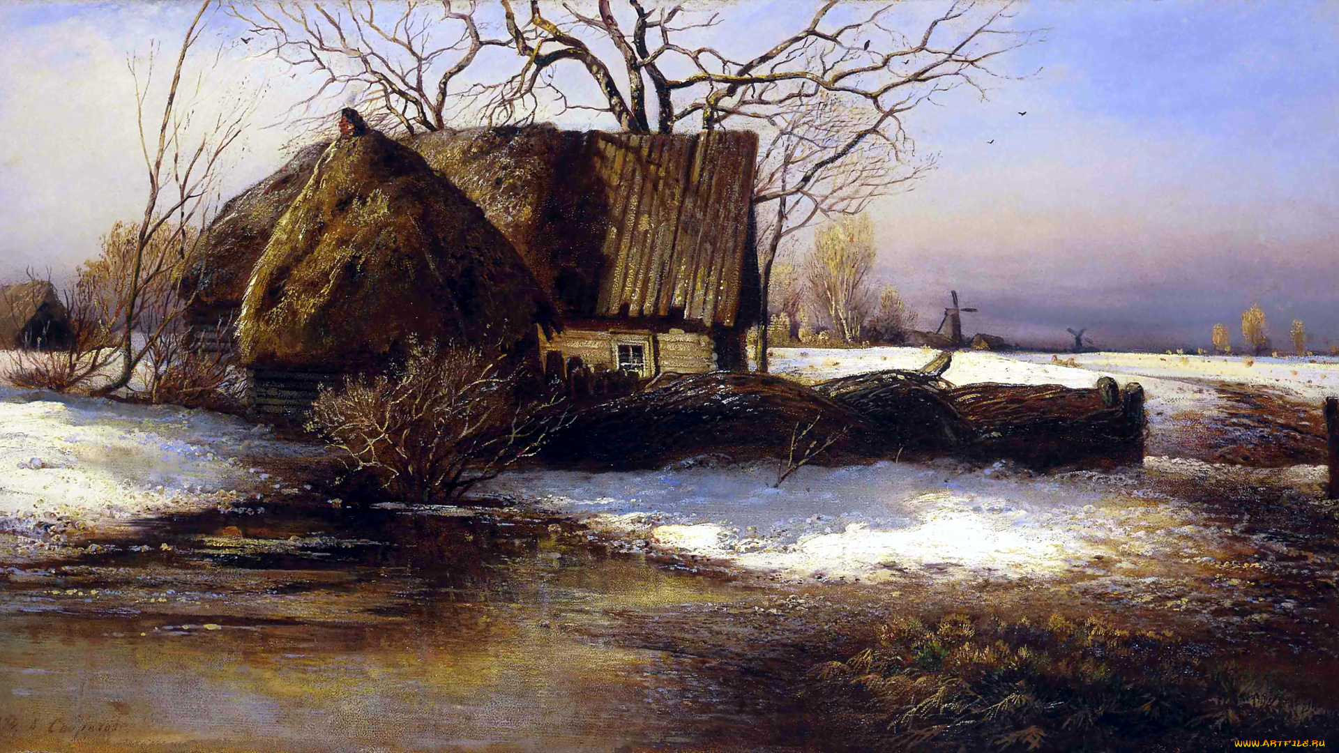 скоро, весна, рисованное, алексей, саврасов, хата, изгородь, снег, деревья, лужа