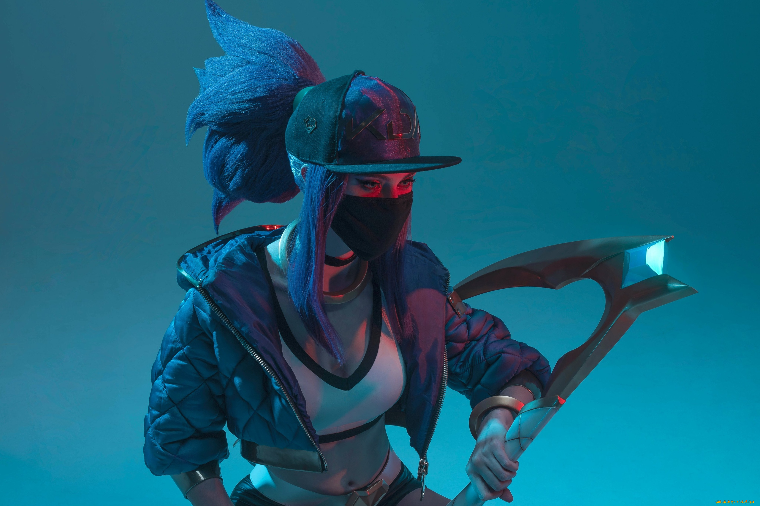 девушки, -, креатив, , косплей, kda, костюм, свет, кепка, оружие