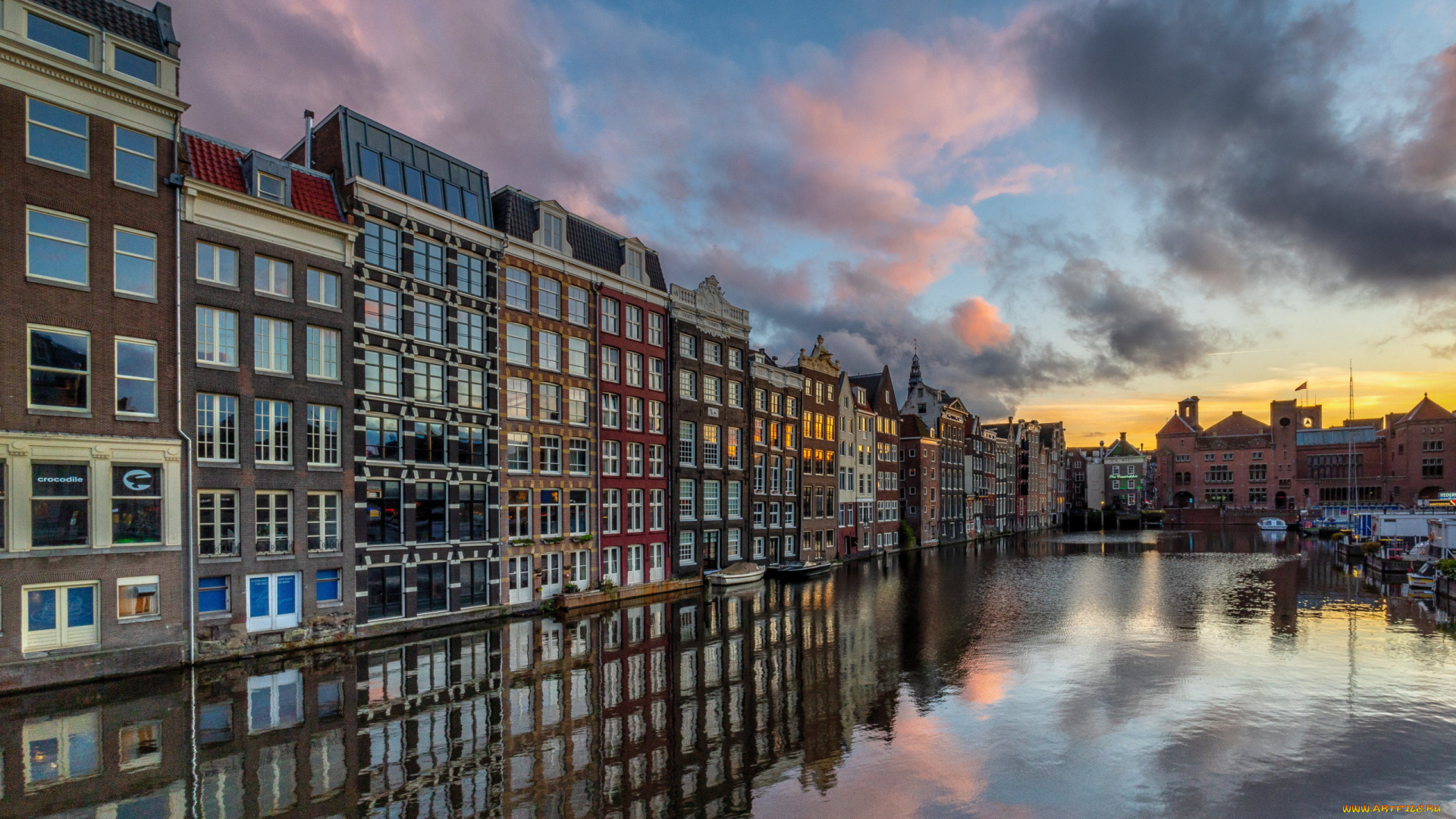 города, амстердам, , нидерланды, канал, дома, закат