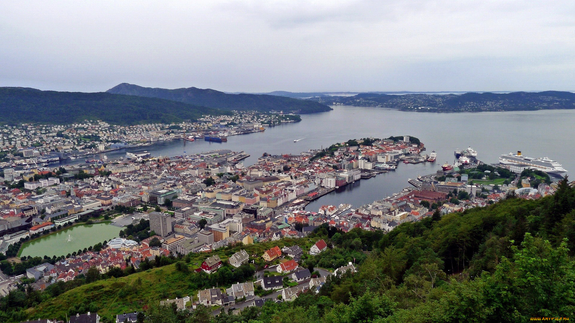 города, берген, , норвегия, панорама