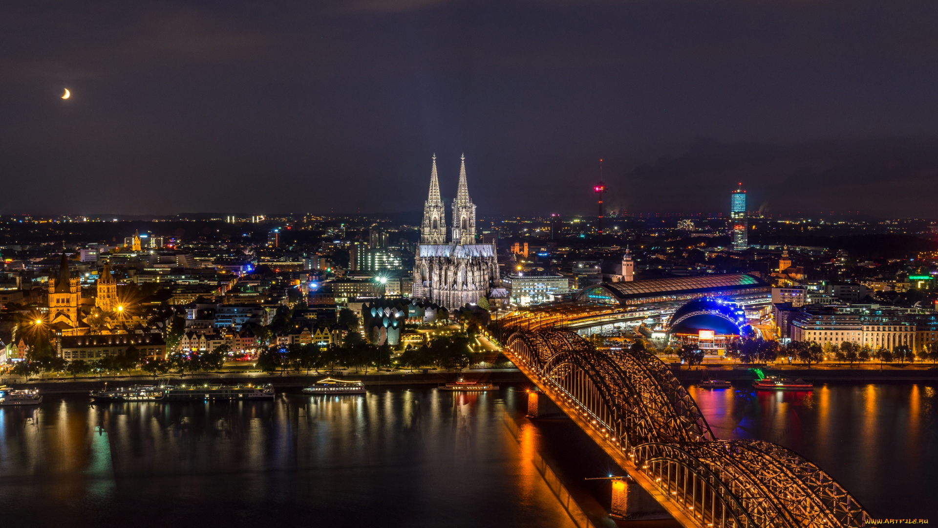 города, кельн, , германия, река, мост, вечер, огни