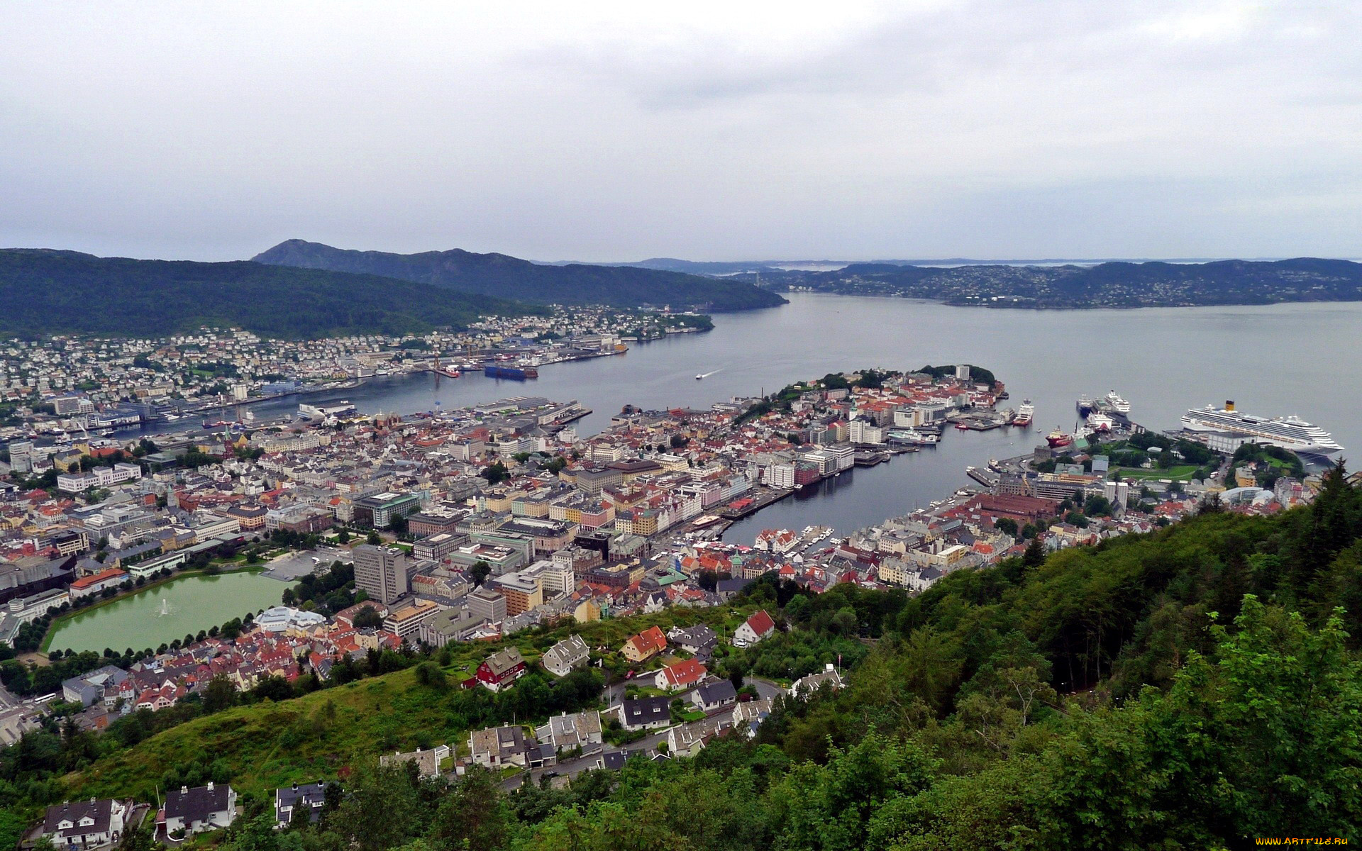 города, берген, , норвегия, панорама