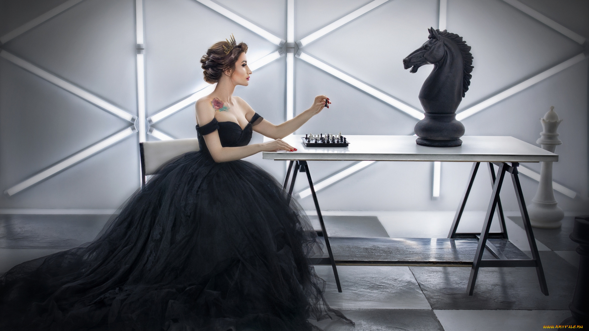 девушки, -, креатив, , косплей, брюнетка, корона, шахматы, тату