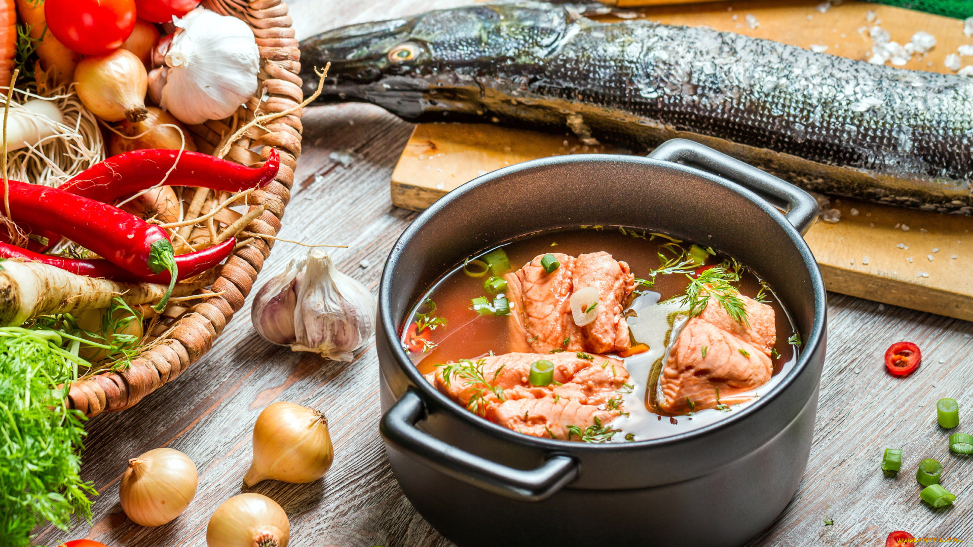 еда, первые, блюда, лук, чеснок, перец, свежая, рыба, уха, рыбный, суп
