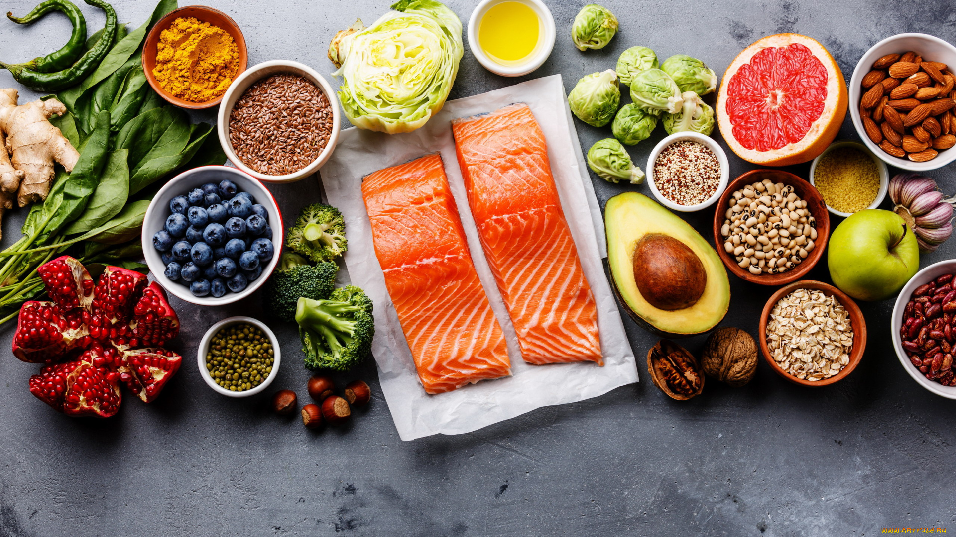 еда, разное, ягоды, фрукты, овощи, орехи, фасоль, форель