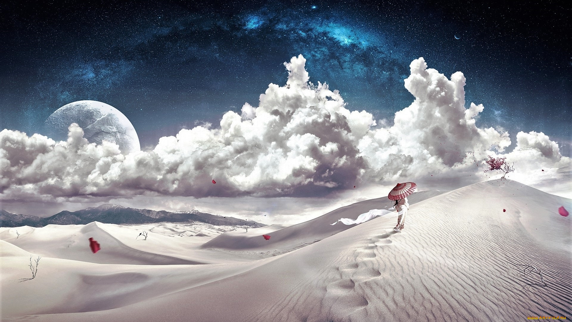 разное, компьютерный, дизайн, девушка, зонт, дерево, пустыня, облака