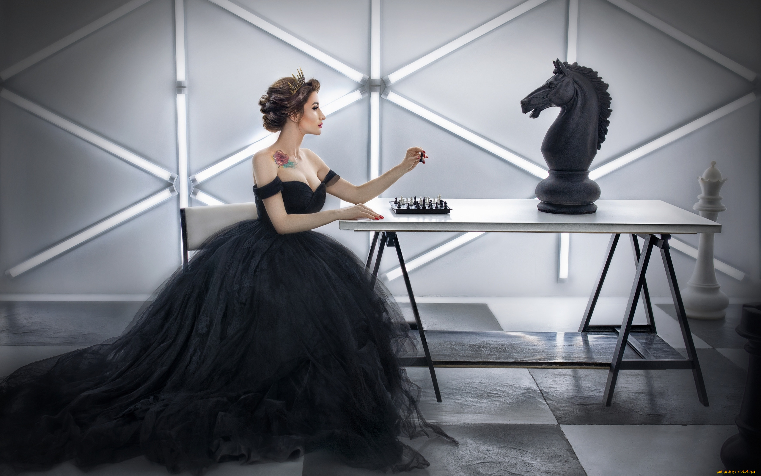 девушки, -, креатив, , косплей, брюнетка, корона, шахматы, тату