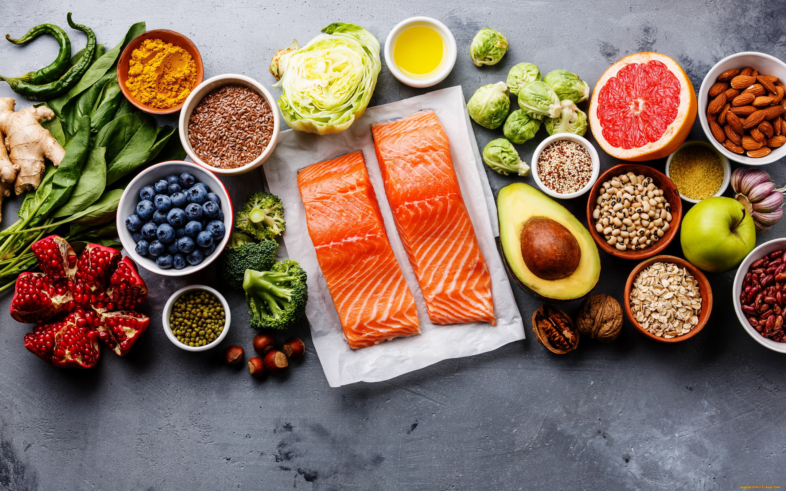 еда, разное, ягоды, фрукты, овощи, орехи, фасоль, форель