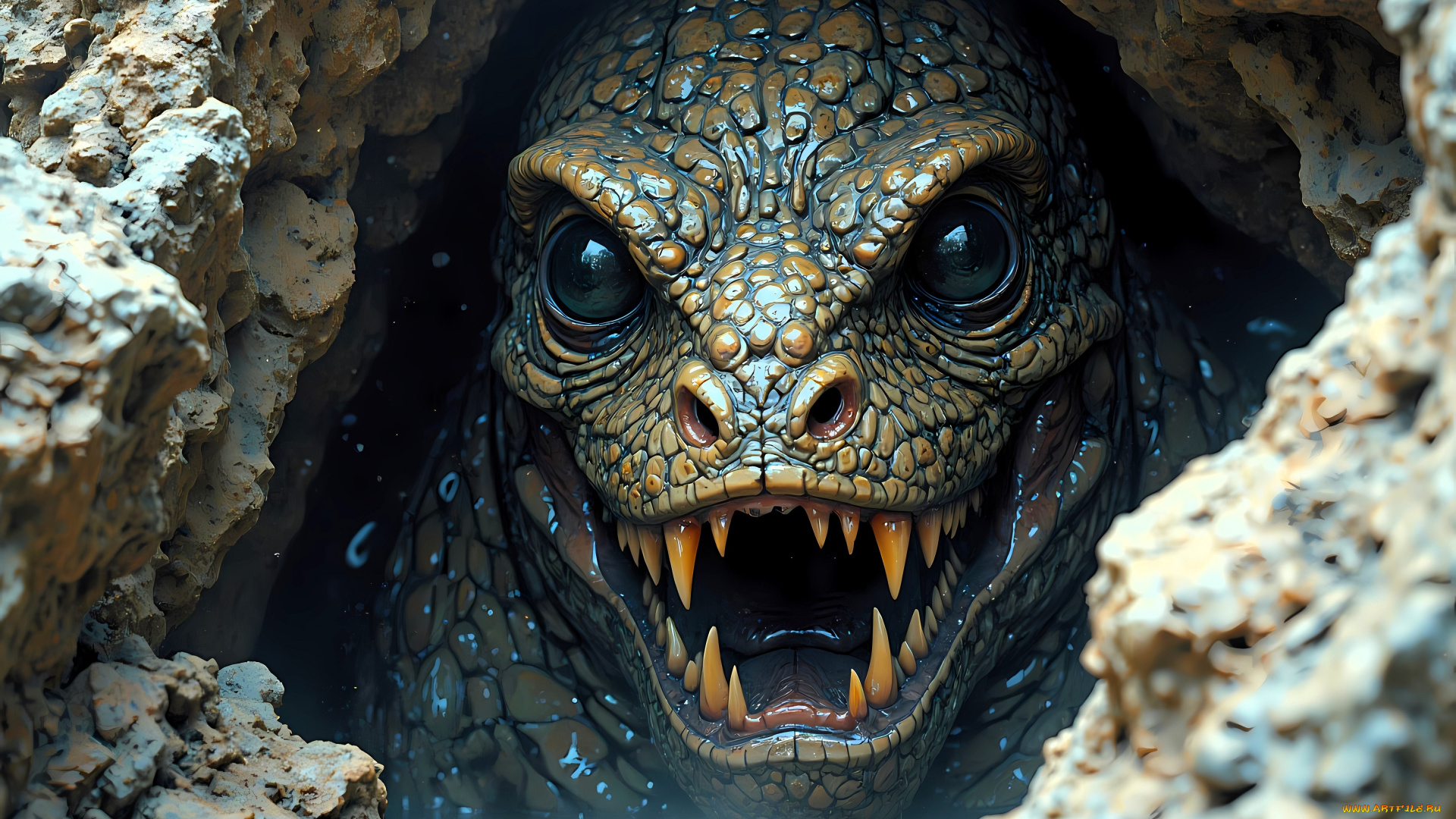 3д, графика, фантазия, , fantasy, монстр, существо, ящер, голова, пасть, пещера
