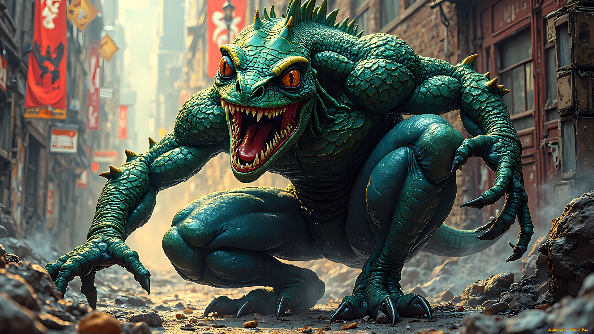 3д, графика, фантазия, , fantasy, монстр, ящер, город, дома, улица, камни