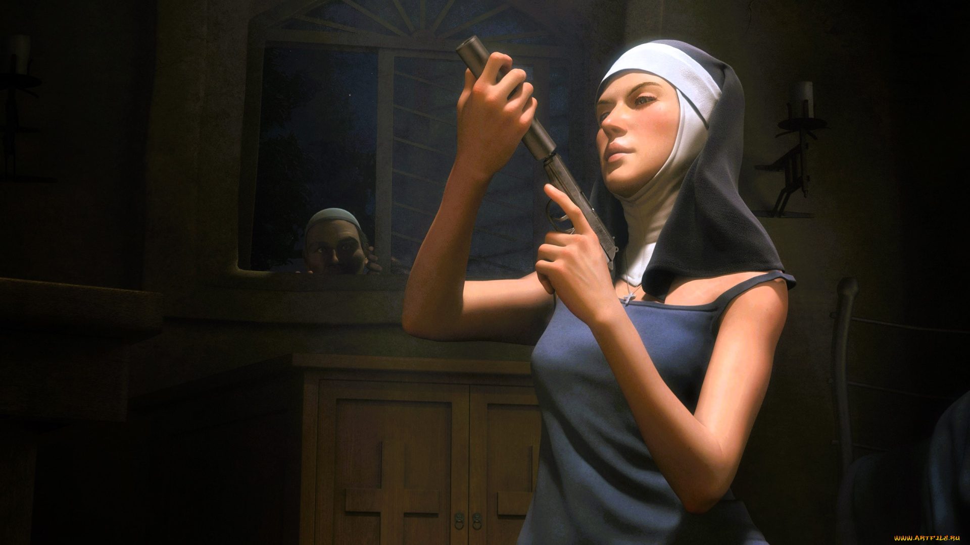 3д, графика, люди, , people, девушка, монахиня, пистолет, глушитель, окно, свидетель