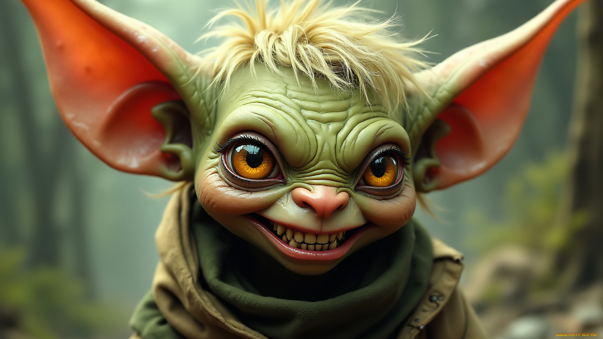 3д, графика, существа, , creatures, гоблин, уши, челка, куртка, шарф, лес