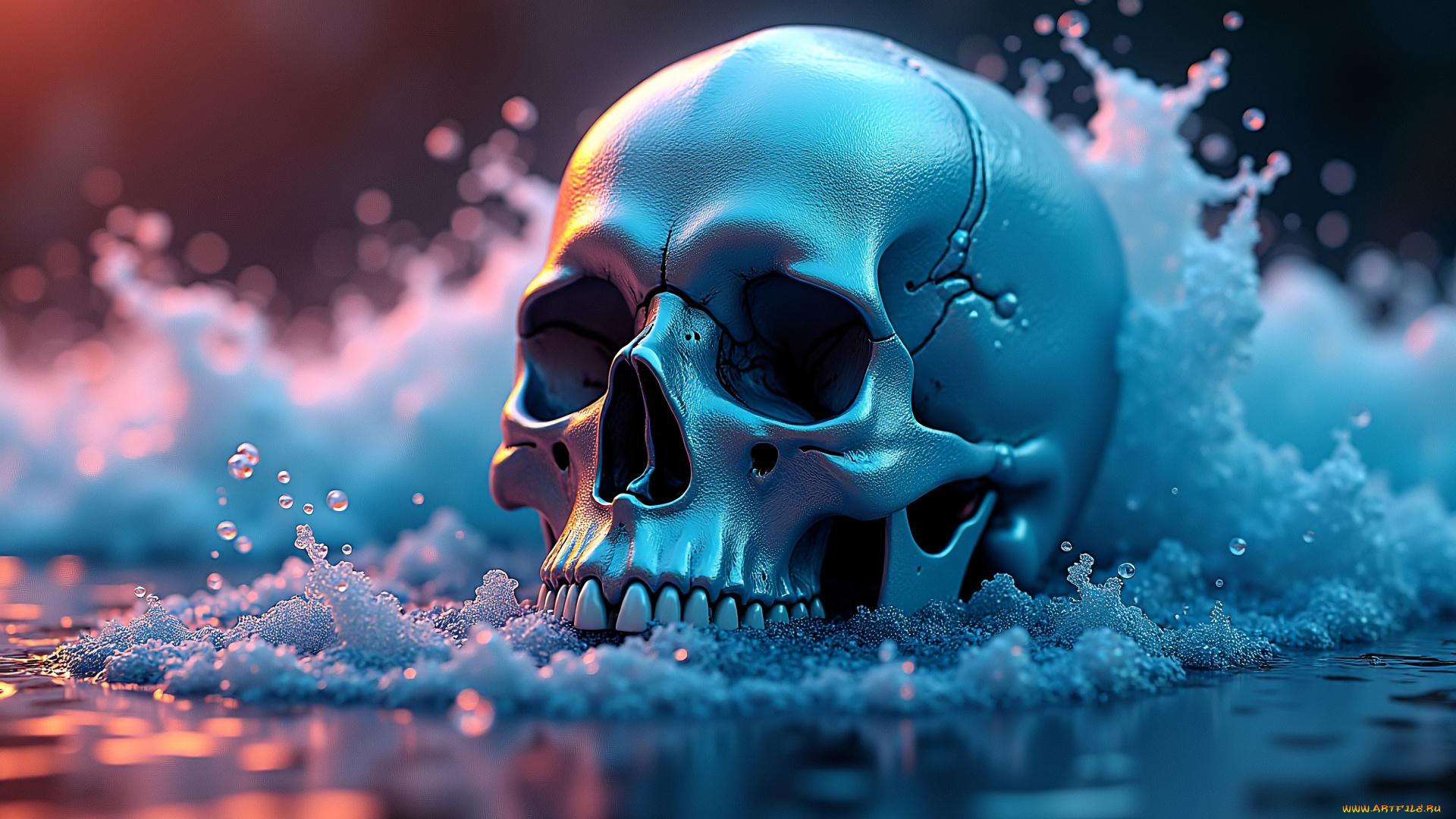 3д, графика, ужас, , horror, череп, вода, пена