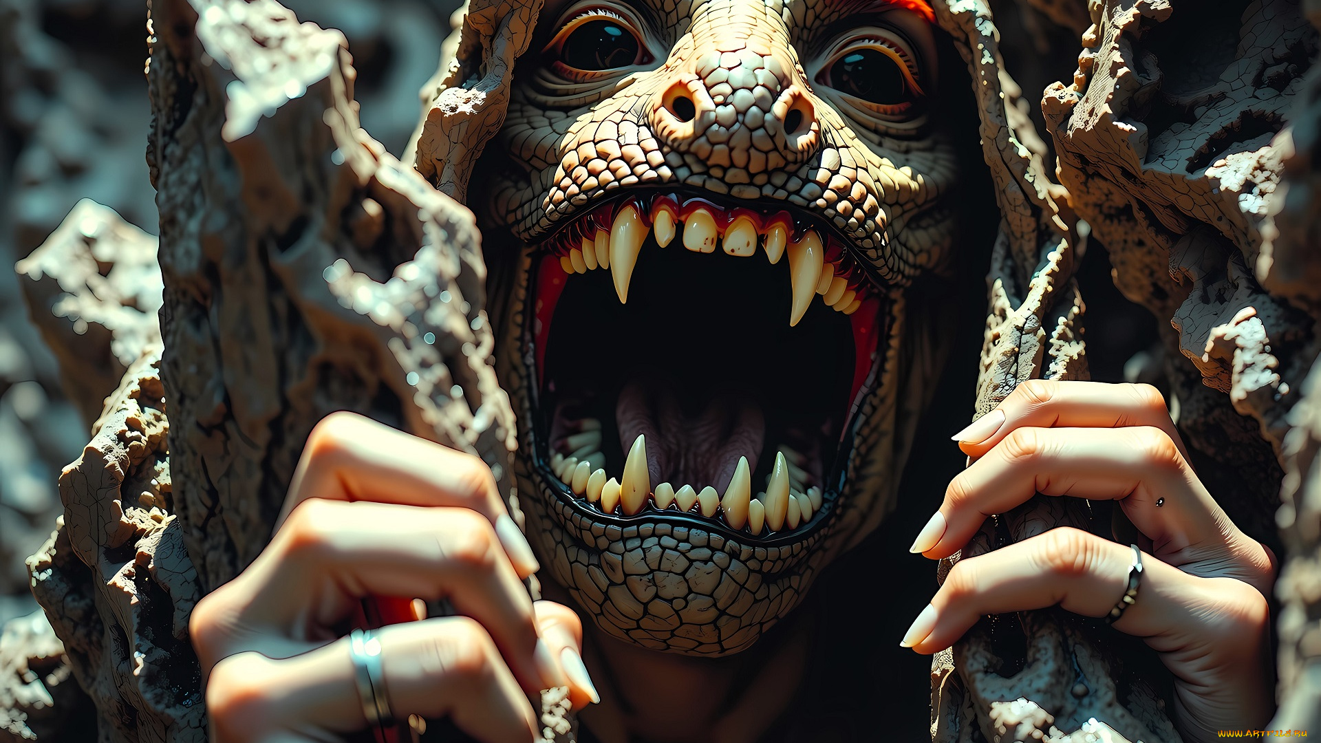 3д, графика, ужас, , horror, монстр, существо, голова, ящер, пасть, руки, камни