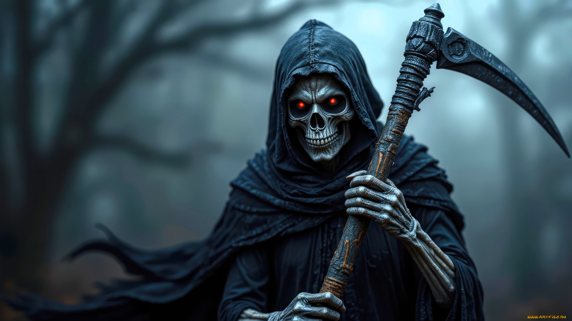 3д, графика, ужас, , horror, смерть, коса, балахон, туман