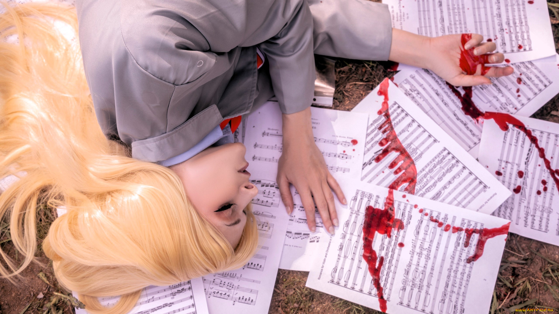 девушки, mari, aisu, образ, косплей, костюм, форма, ноты, кровь