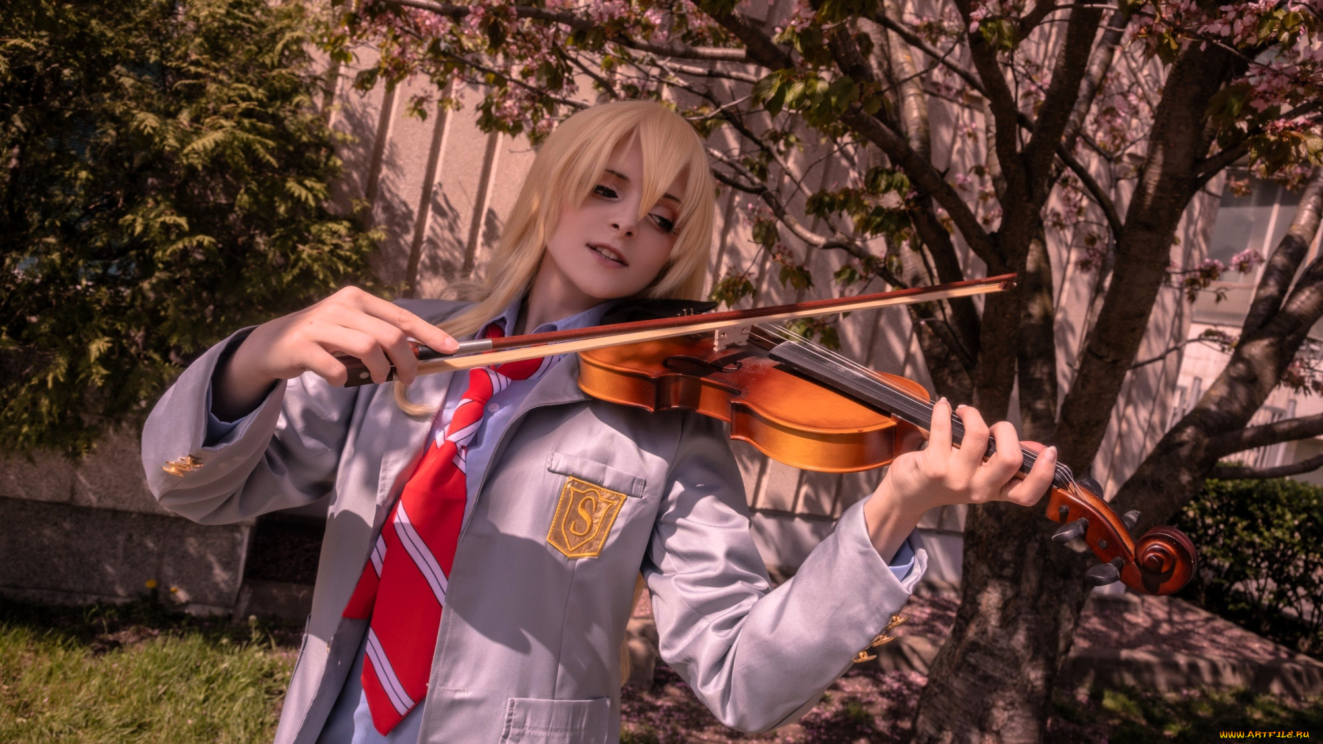 девушки, mari, aisu, образ, косплей, костюм, форма, скрипка, деревья, забор