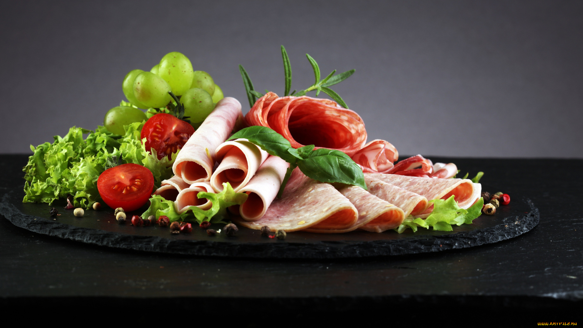 еда, колбасные, изделия, виноград, колбаса, ветчина, помидоры