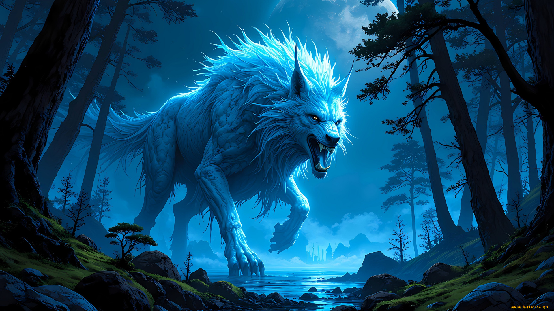 фэнтези, оборотни, оборотень, луна, лес, ручей