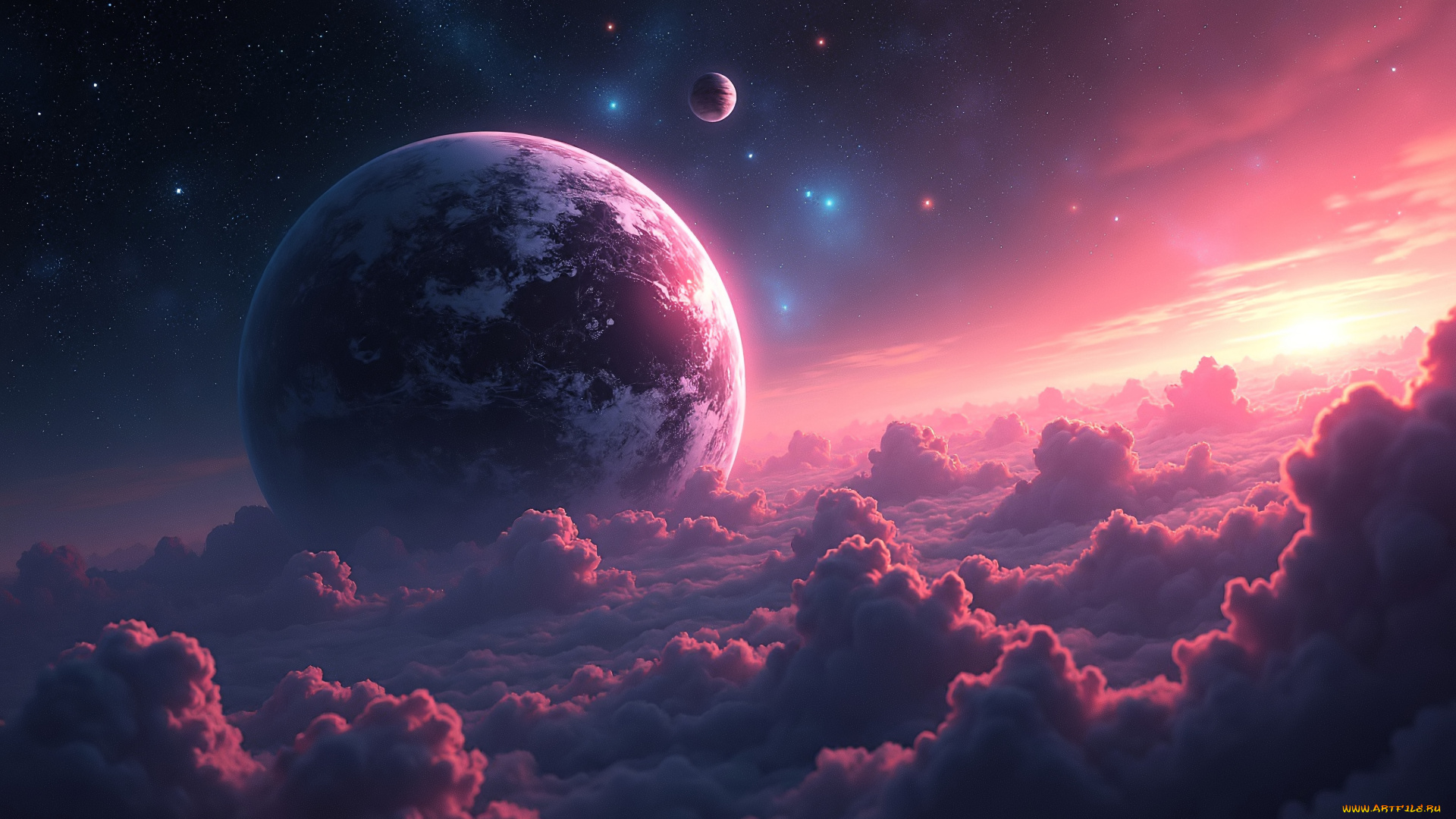 космос, арт, планеты, звезды, облака, заря
