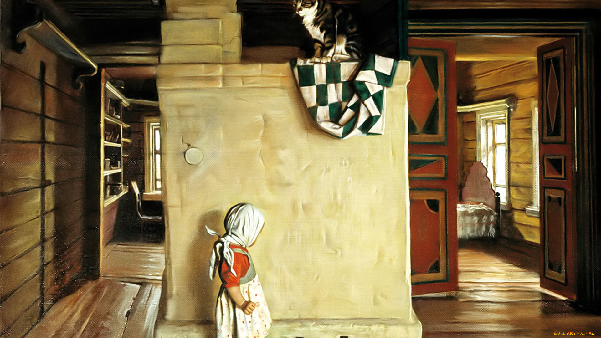 николай, анохин, рисованное, изба, печь, девочка, кот