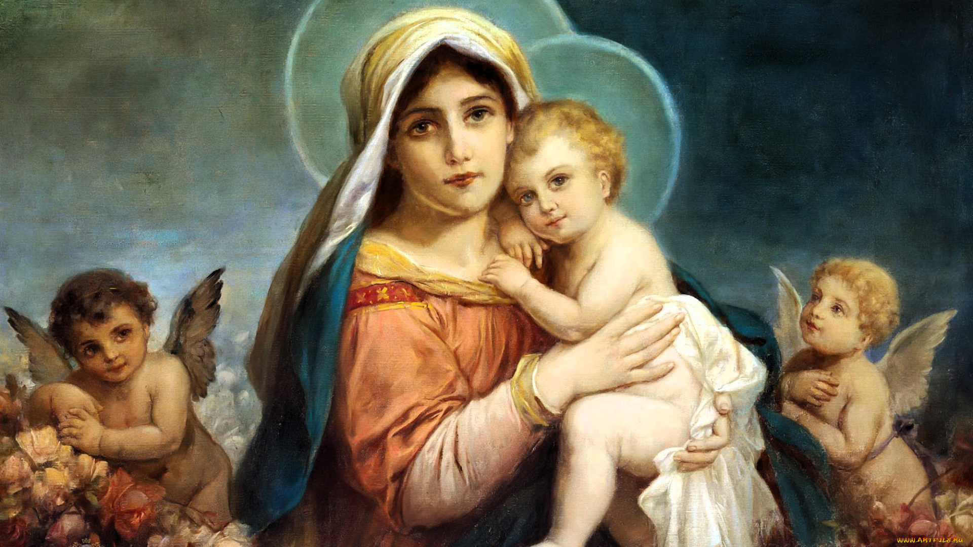 рисованное, hans, zatzka, мадонна, младенец, ангелы, цветы