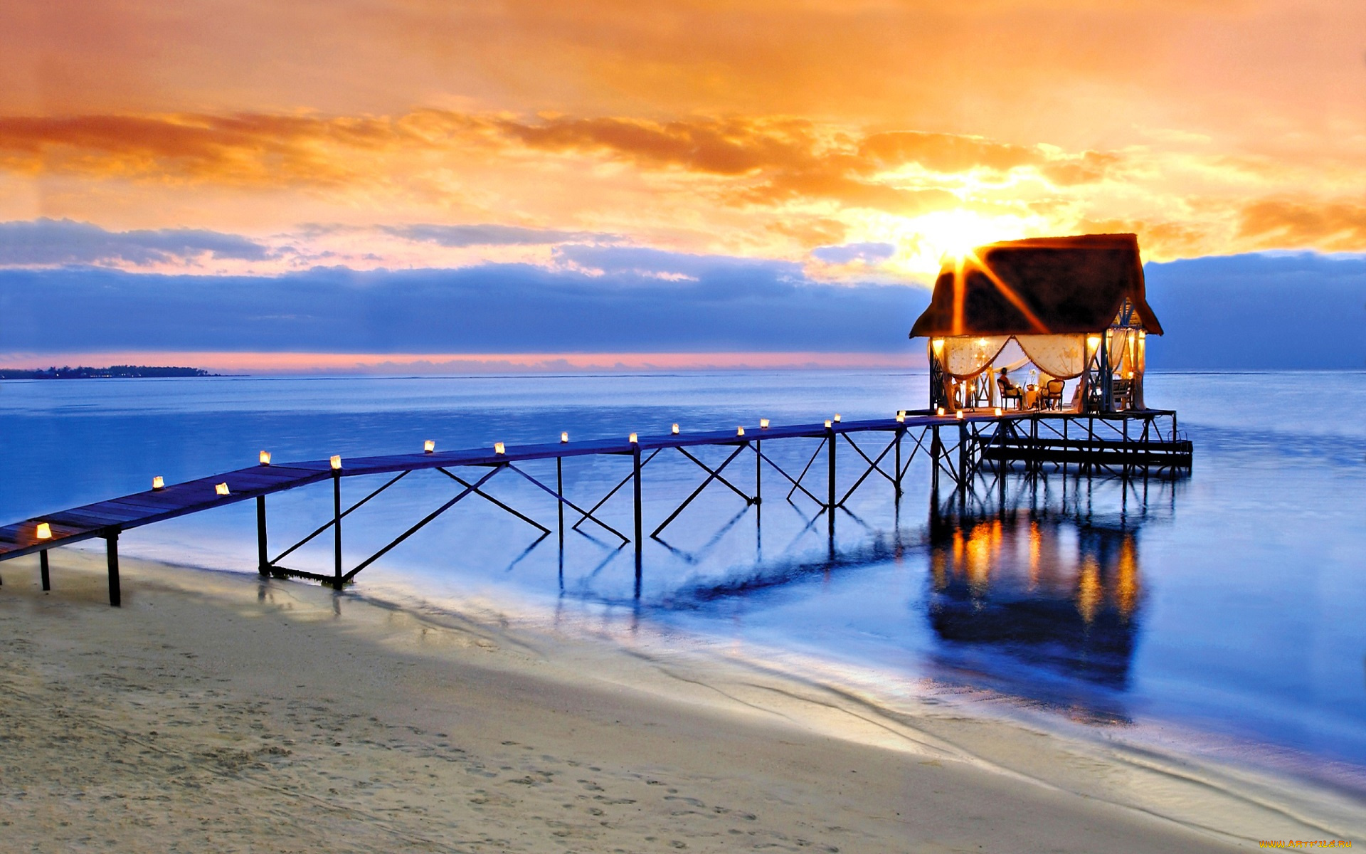 разное, сооружения, , постройки, море, закат, облака, берег, пляж, песок, мост, огни, строение