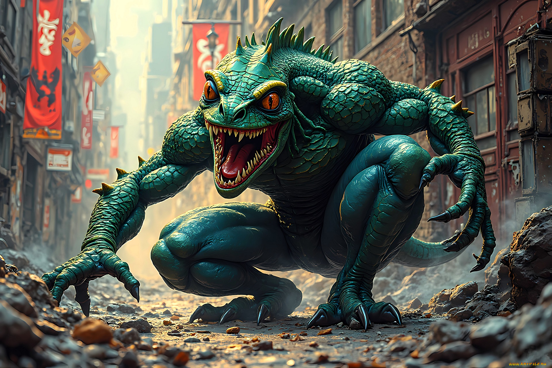 3д, графика, фантазия, , fantasy, монстр, ящер, город, дома, улица, камни