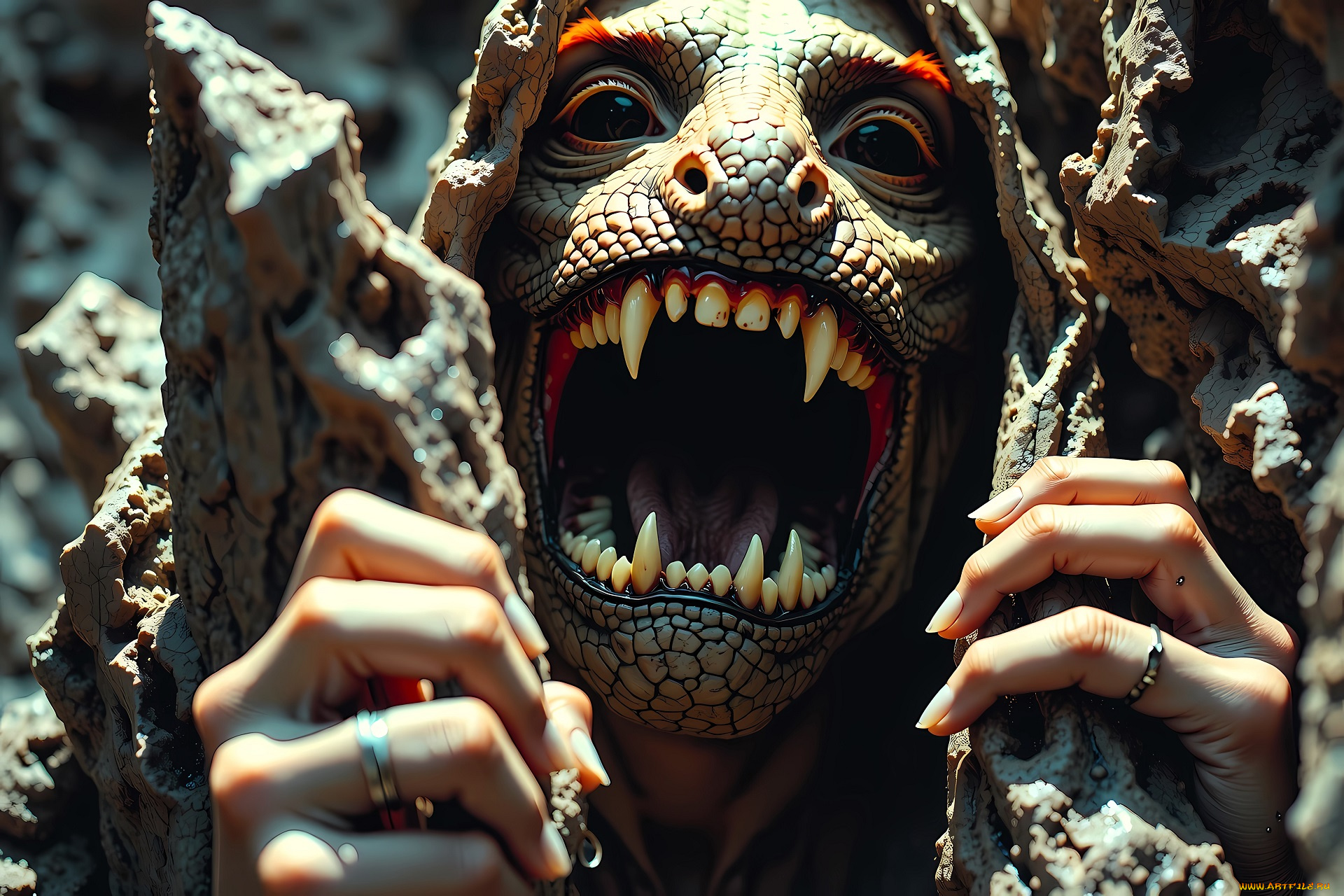 3д, графика, ужас, , horror, монстр, существо, голова, ящер, пасть, руки, камни