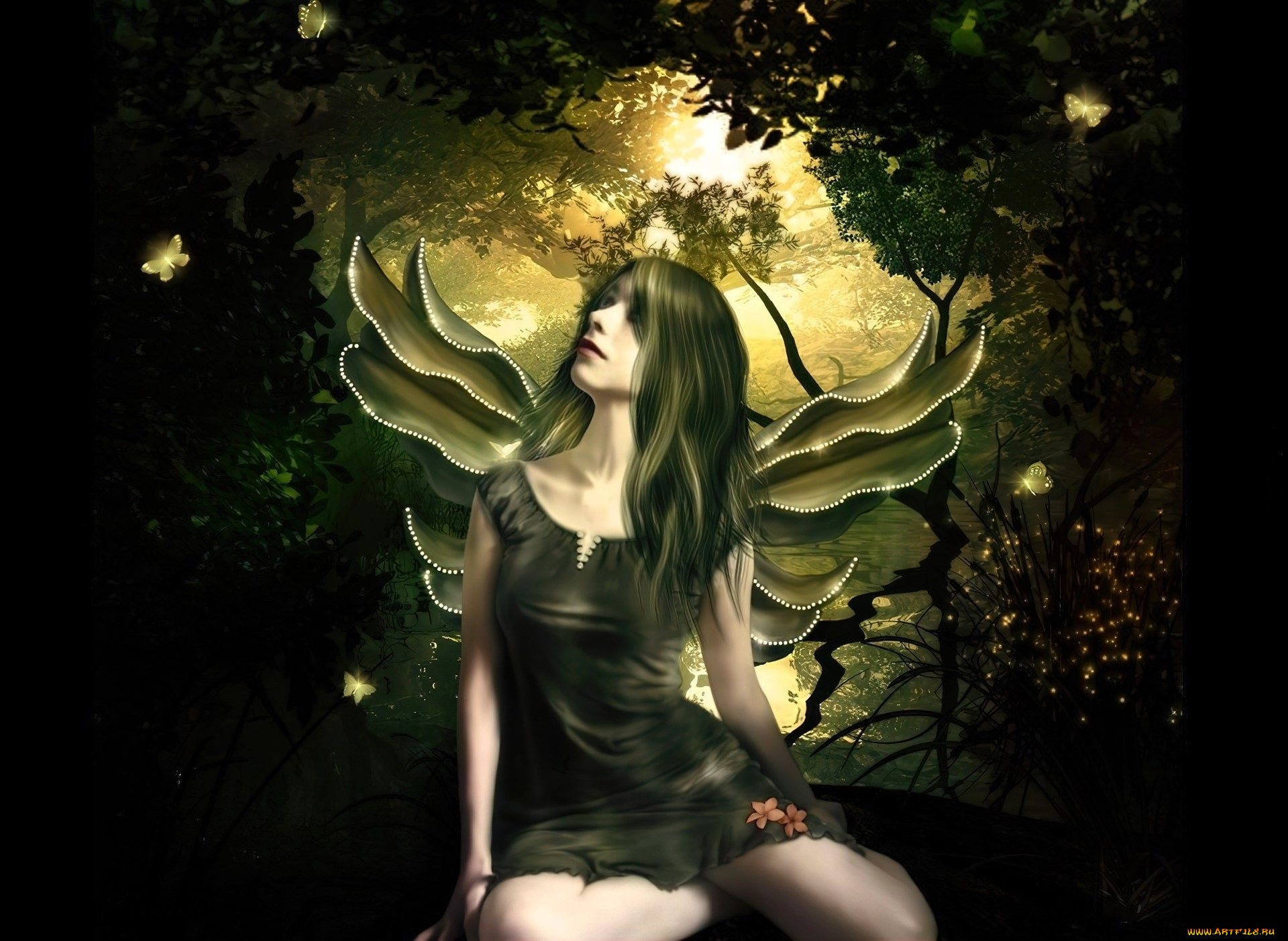 3д, графика, ангел, , angel, девушка, крылья, природа, бабочки