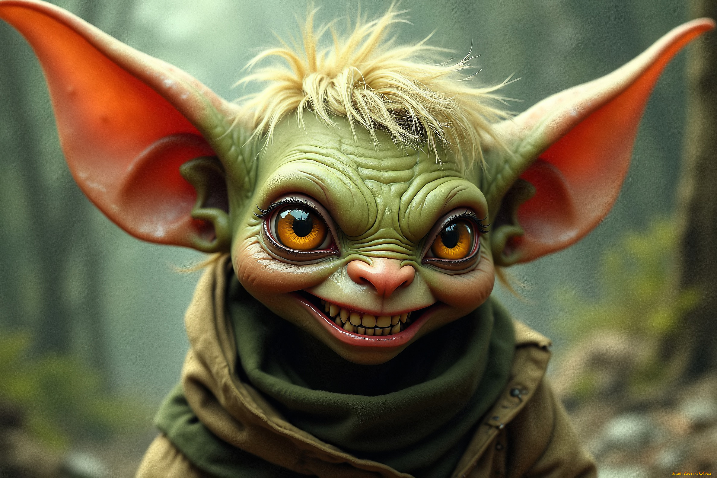 3д, графика, существа, , creatures, гоблин, уши, челка, куртка, шарф, лес