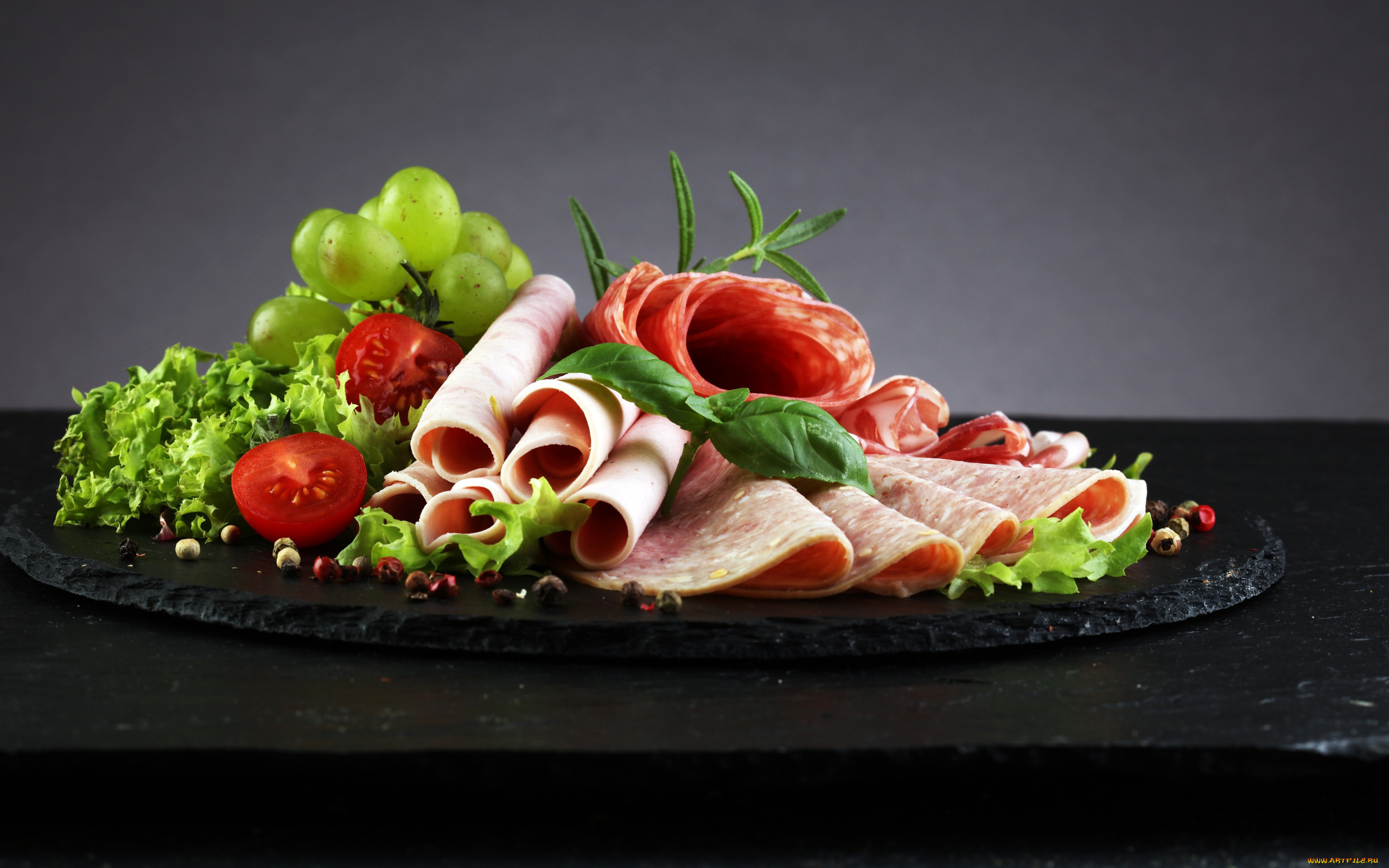 еда, колбасные, изделия, виноград, колбаса, ветчина, помидоры