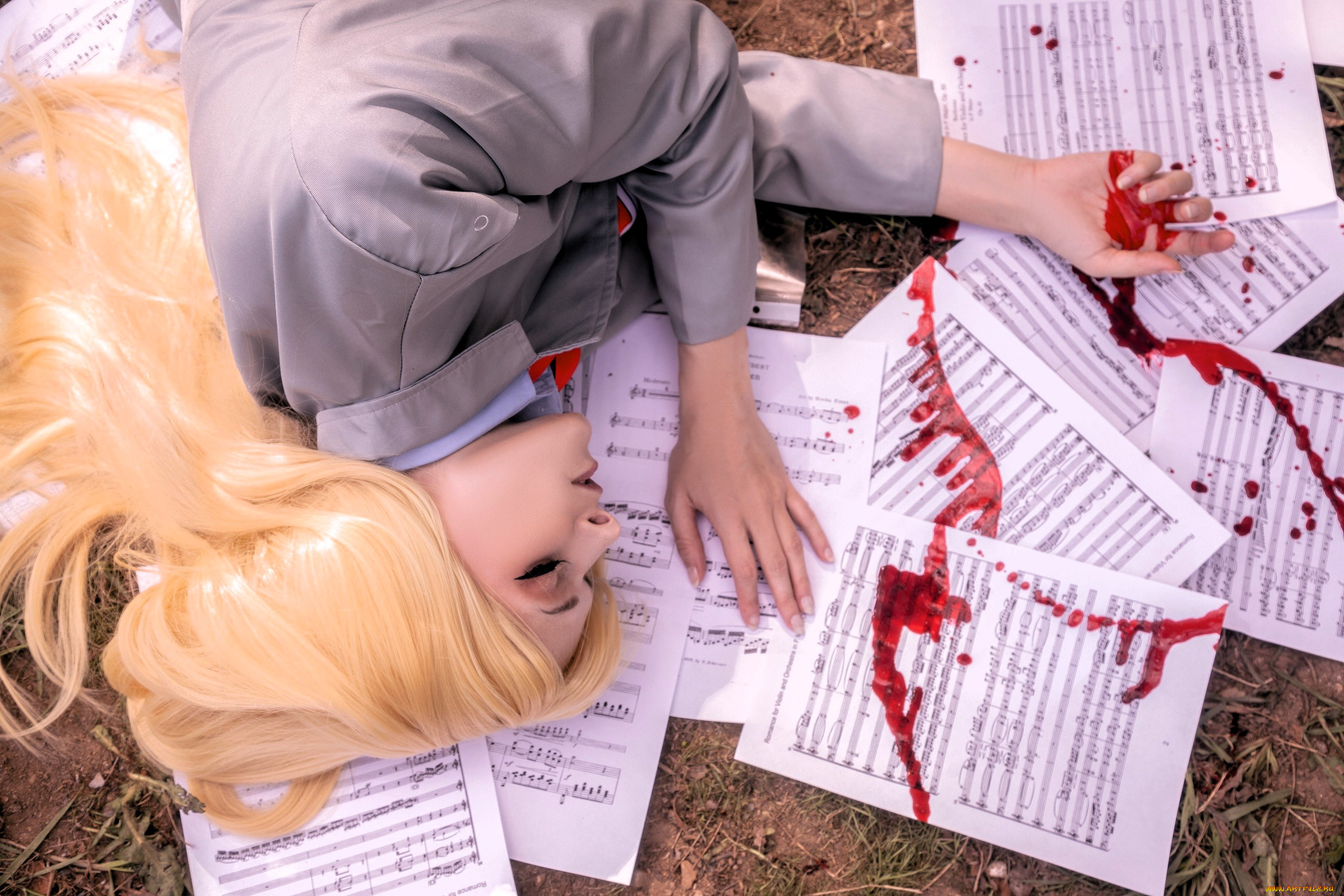 девушки, mari, aisu, образ, косплей, костюм, форма, ноты, кровь