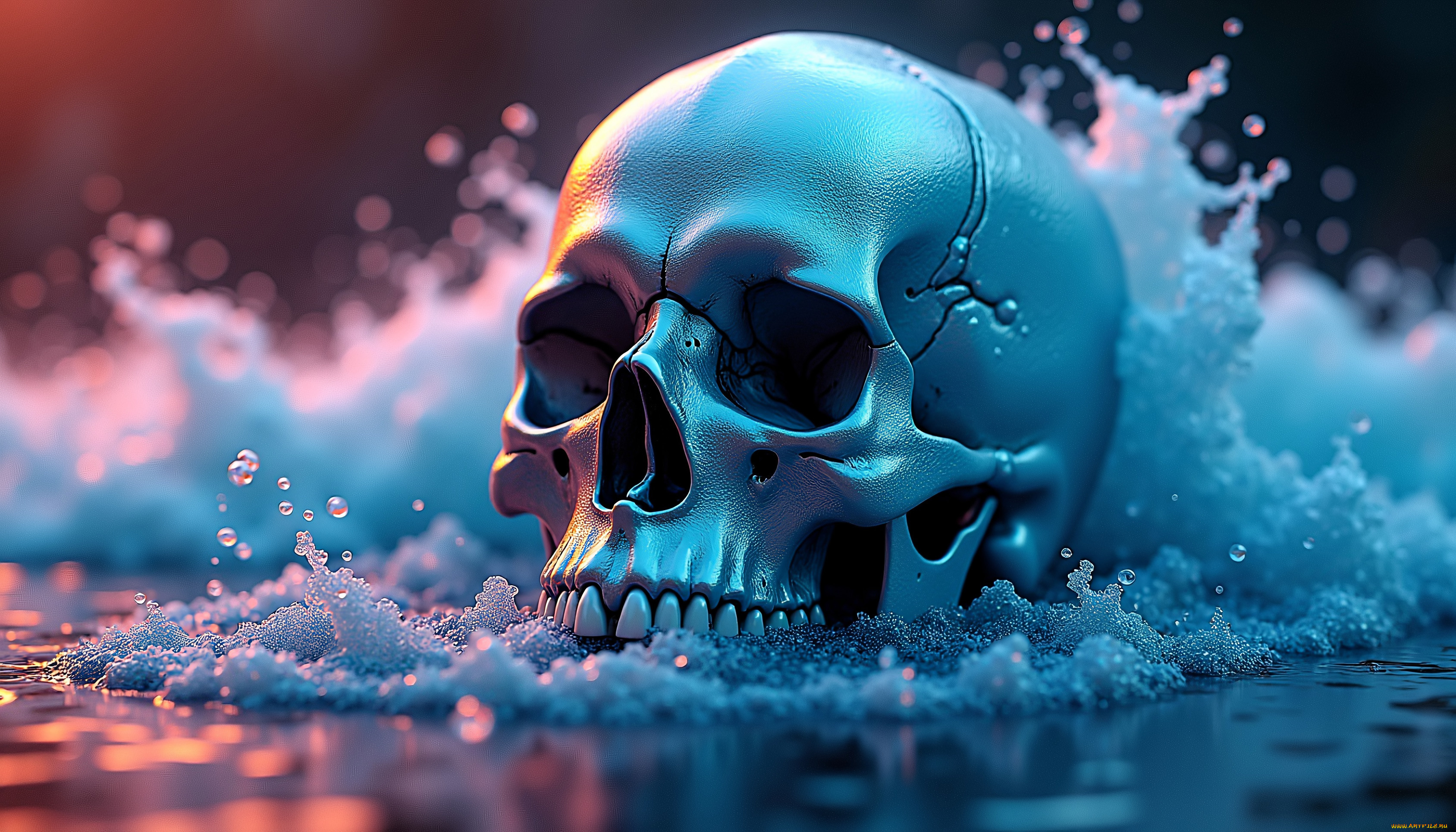 3д, графика, ужас, , horror, череп, вода, пена