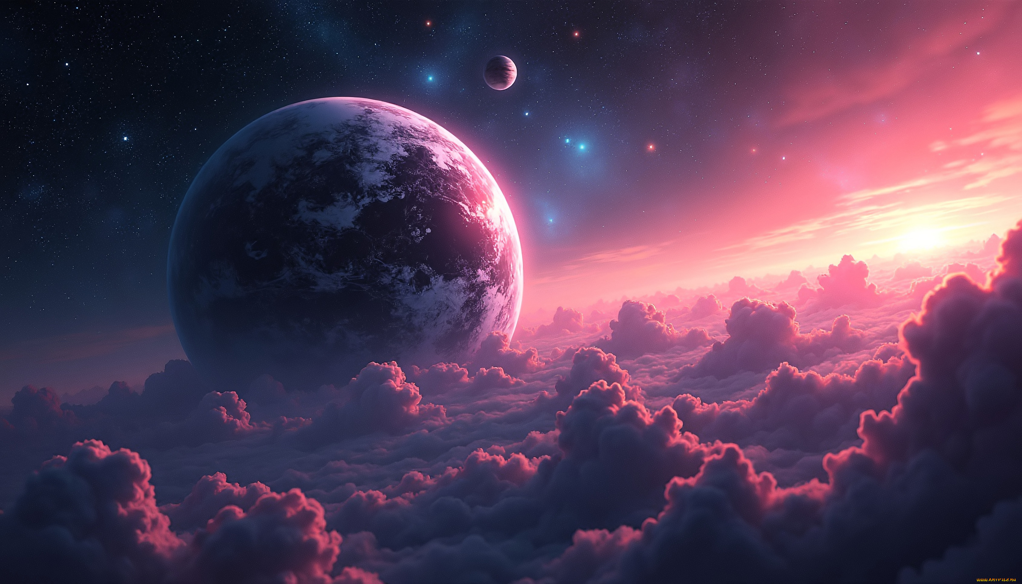 космос, арт, планеты, звезды, облака, заря